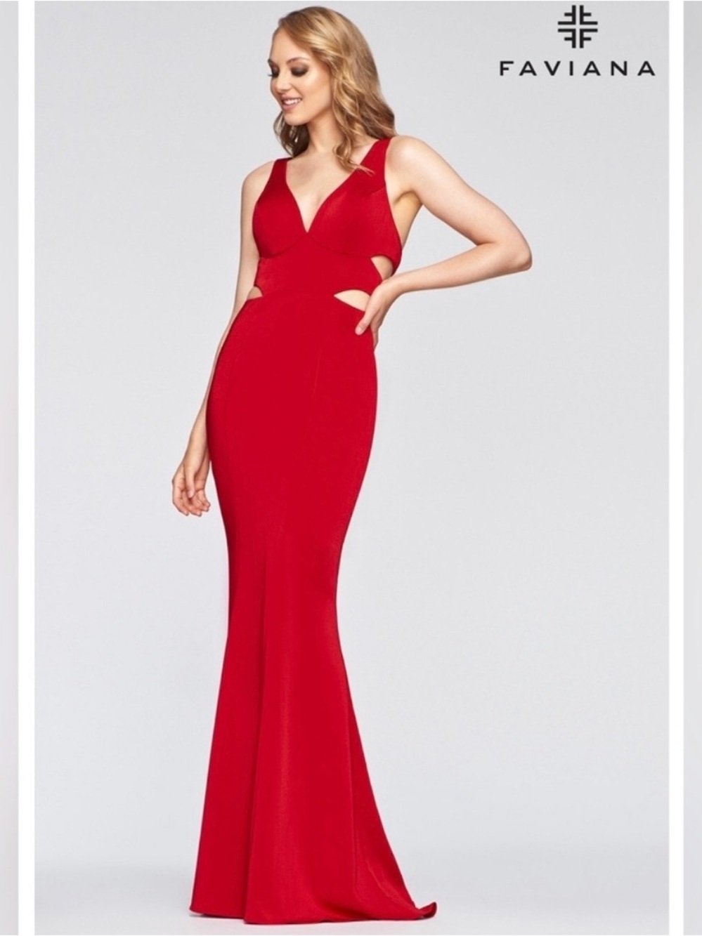 Faviana New York - Red Cutout V-Neck Mermaid Maxi Dress